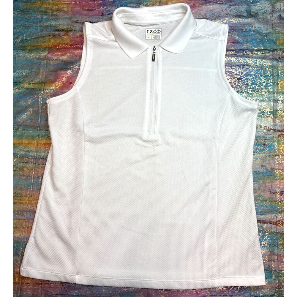 IZOD Women’s White Collared Sleeveless Polo Shirt Quarter Zip Golf Size Large